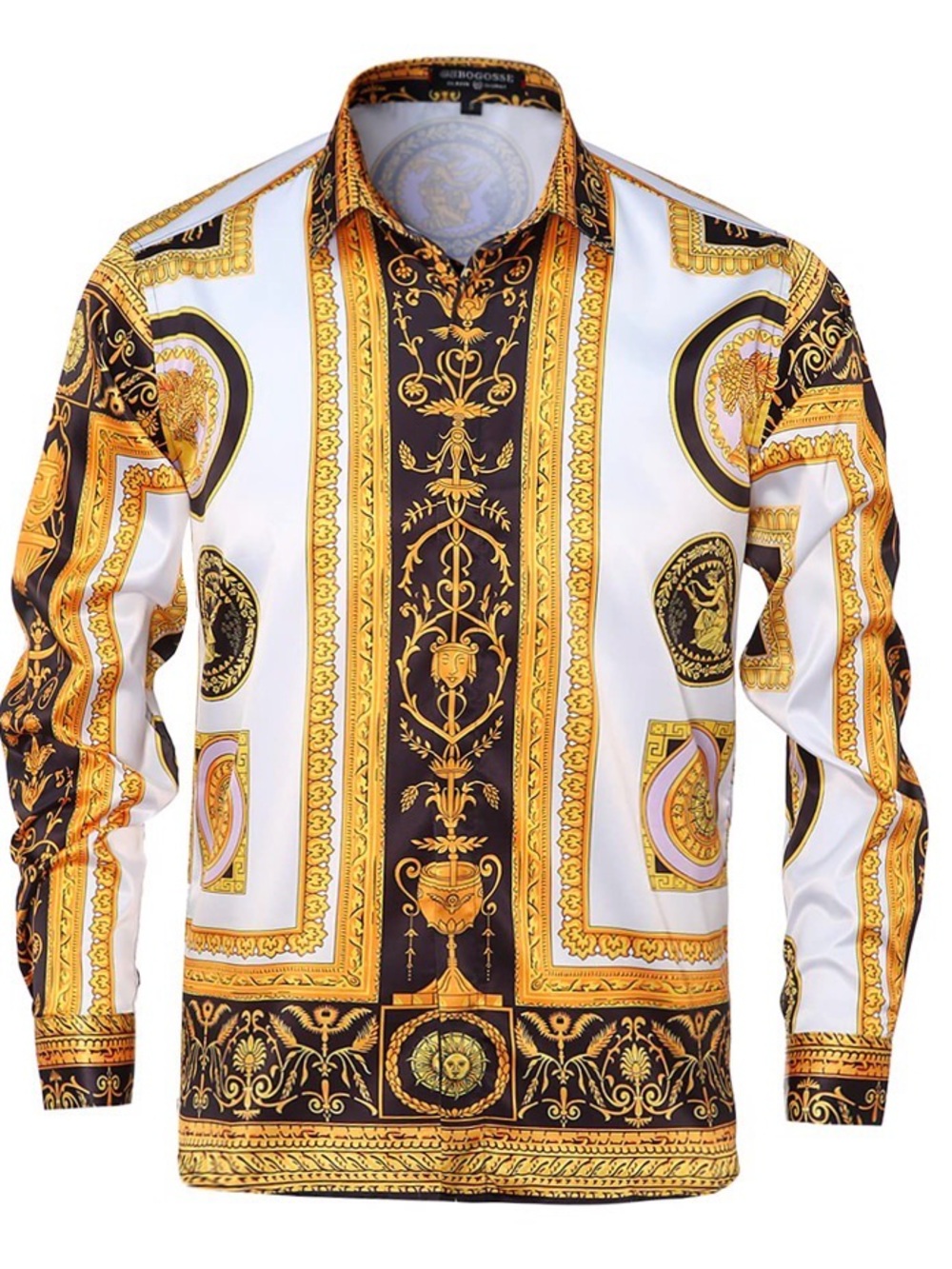 Men's Gold & Black Baroque Print Long-Sleeve Shirt.